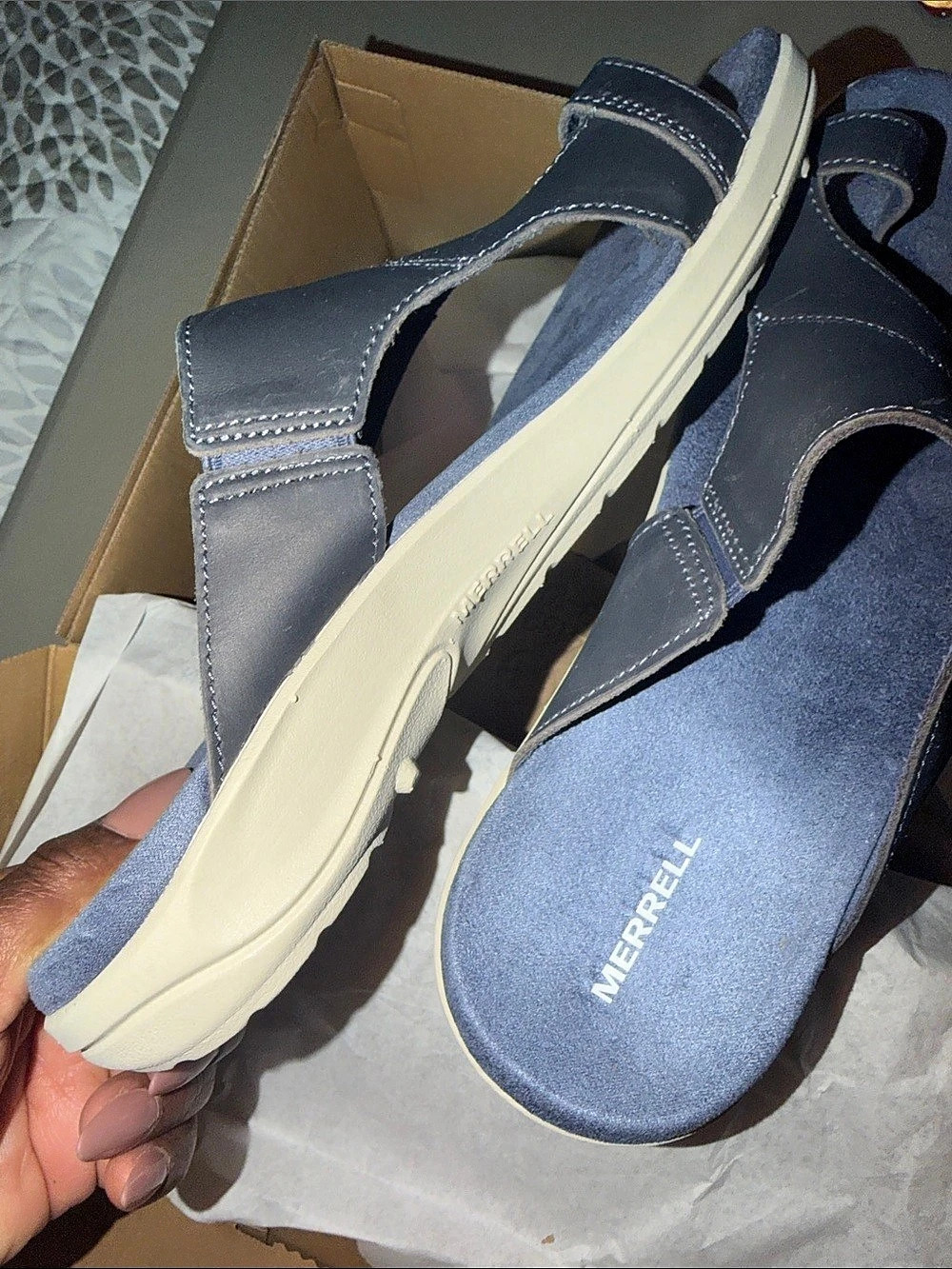 Merrell District 4 Luxe Slide Sandals Blue Black Leather-Like US 10 NWT - Picture 3 of 8